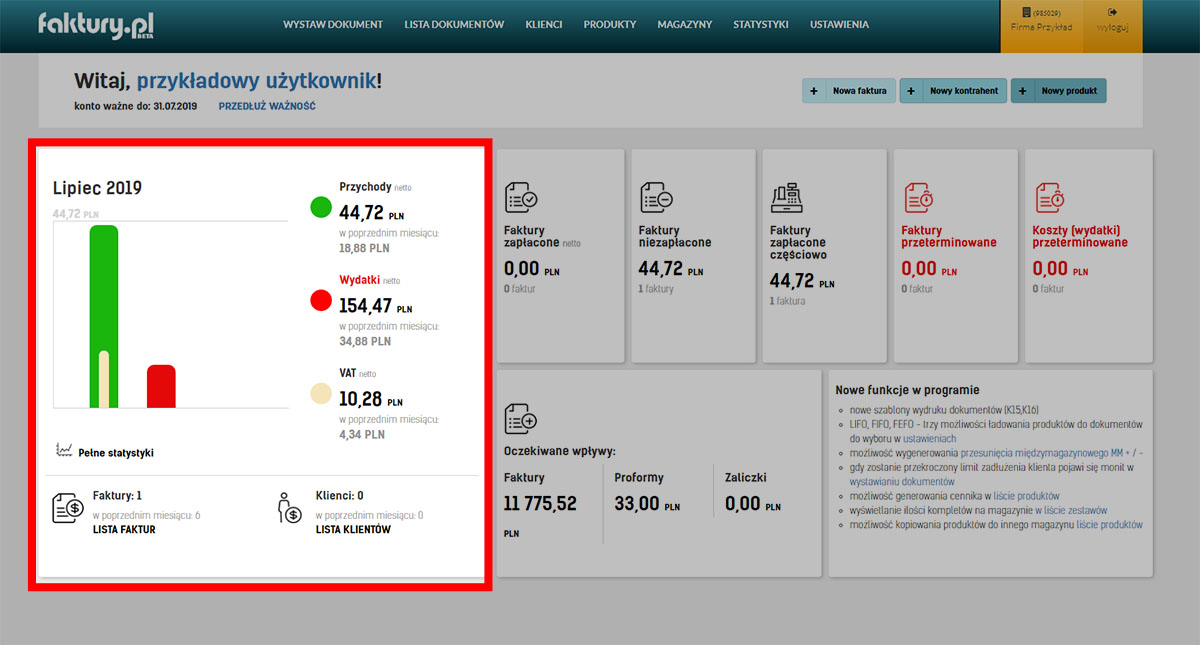 Podsumowanie miesiąca na stronie głównej po zalogowaniu do serwisu faktury.pl Skrócone statystyki na stronie głównej po zalogowaniu do serwisu faktury.pl