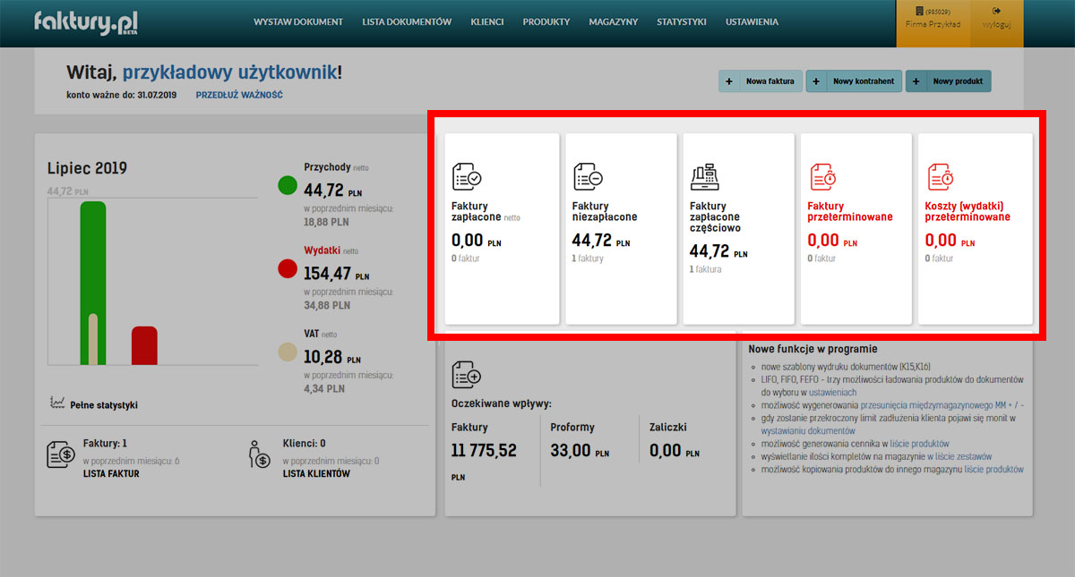 Faktury w bieżącym miesiącu w programie faktury.pl