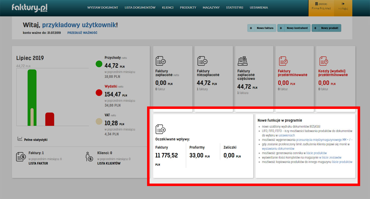 Podsumowanie kosztów i przychodów na stronie po zalogowaniu do serwisu faktury.pl Oczekiwane wpływy z nieopłaconych faktur na faktury.pl