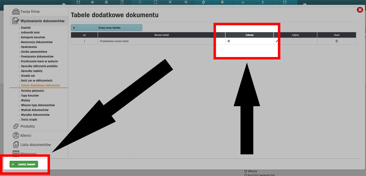 Definiowanie własnych tabel do dokumentów w ustawieniach programu faktury.pl