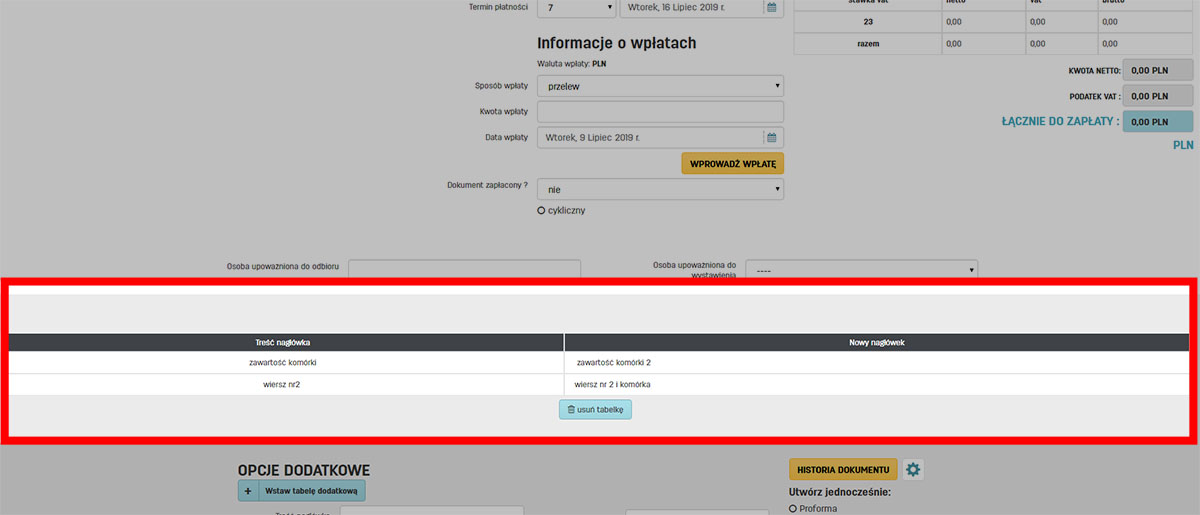 Dodawanie wierszy i kolumn do własnych tabelek w serwisie faktury.pl