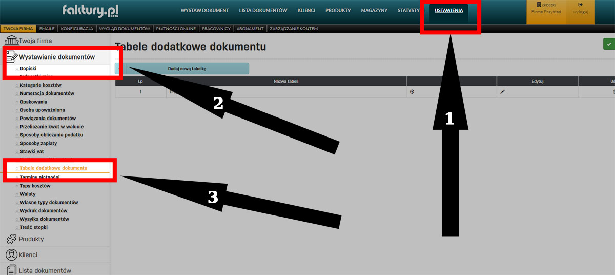 Dodatkowe tabele przy wystawianiu dokumentów na faktury.pl