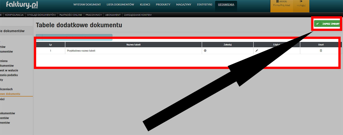 Zapis ustawień tabel dodatkowych w serwisie do fakturowania faktury.pl