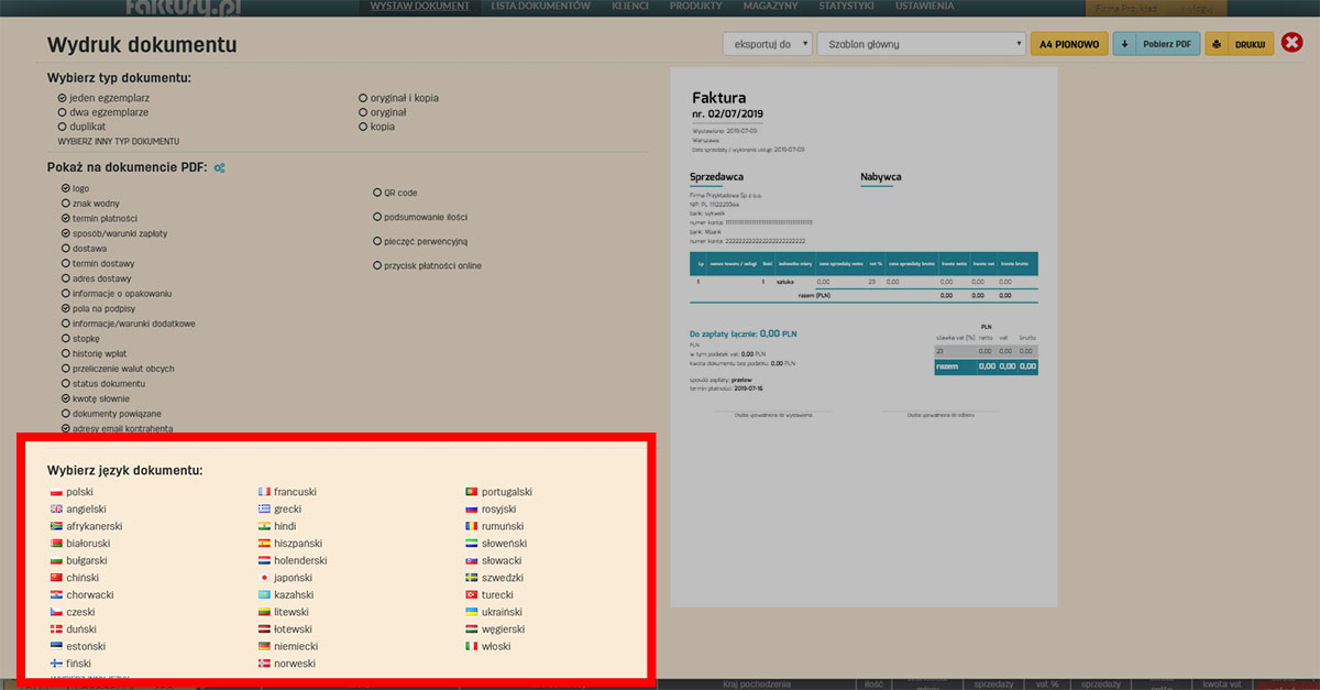 Gdzie wybrać język dla wystawianej faktury na faktury.pl Dostępne języki na wystawianiu faktury obcojęzycznej na faktury.pl