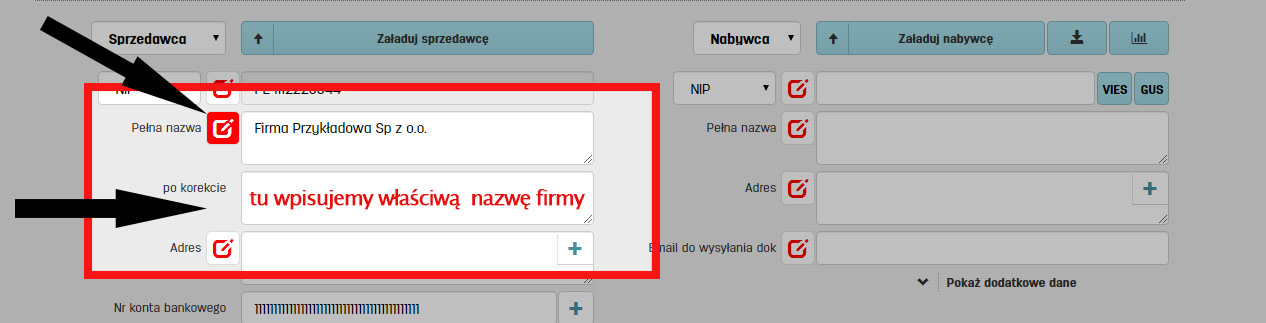 Korygowanie danych na fakturze 