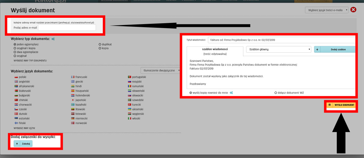 Ustawienia wysyłki dokumentów w programie faktury.pl