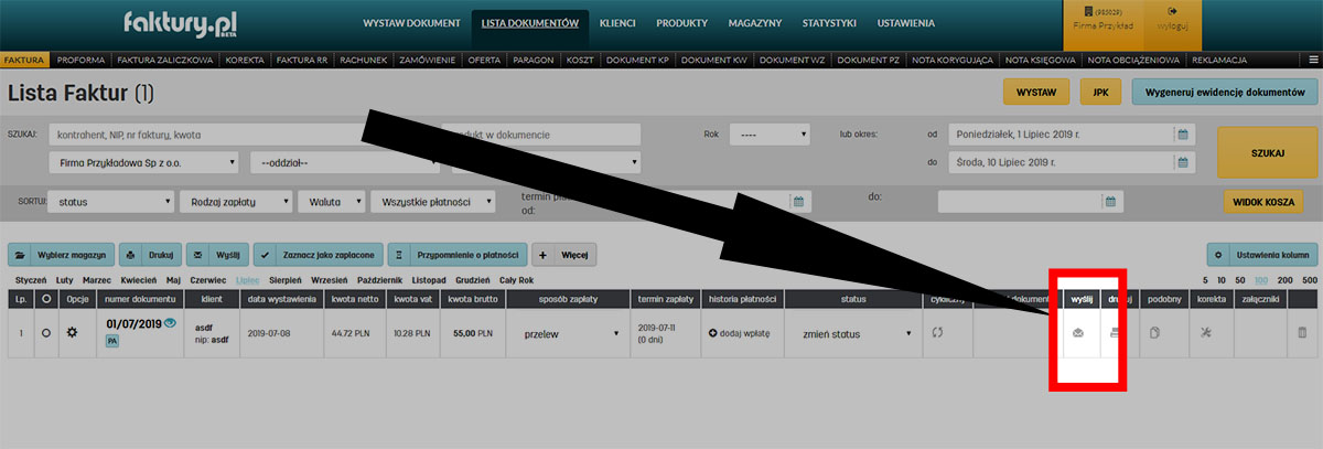 Wysyłka dokumentu z listy dokumentów na faktury.lp