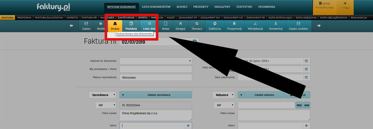 Wydruk dokumentu w oprogramowaniu faktury.pl