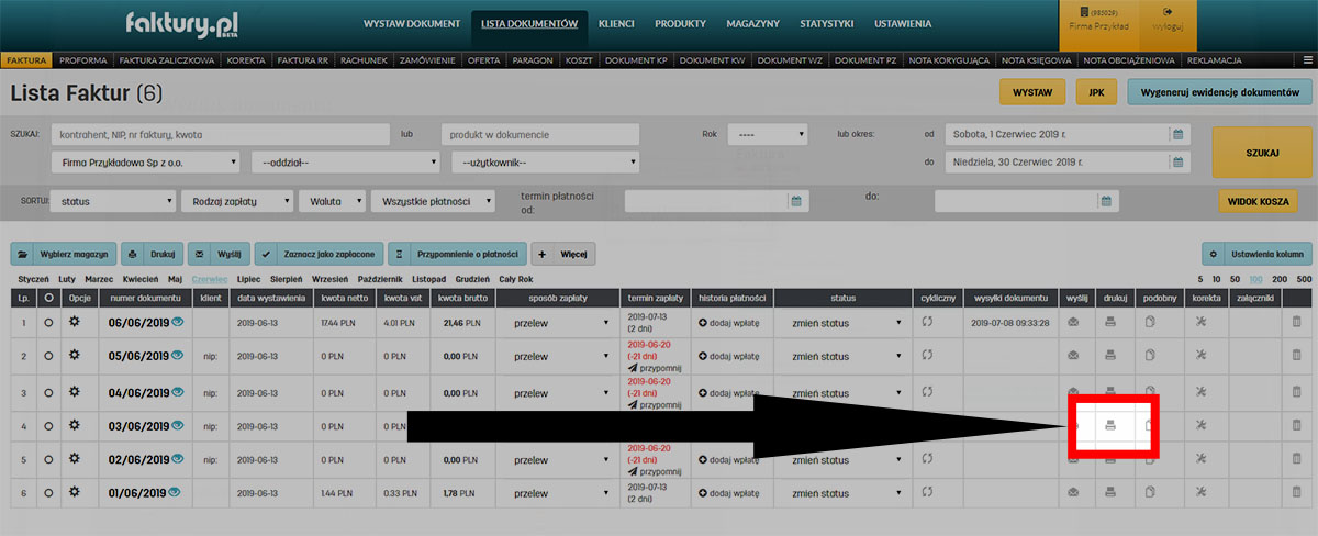 Wydruk faktury z listy faktur na faktury.pl