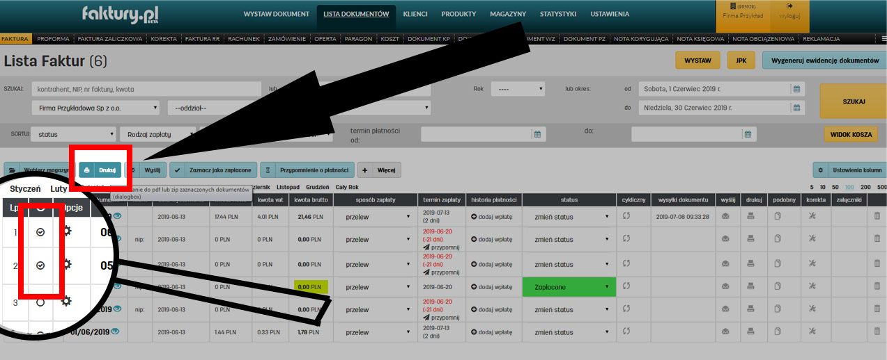 Wydruk kilku dokumentów w programie fakturypl