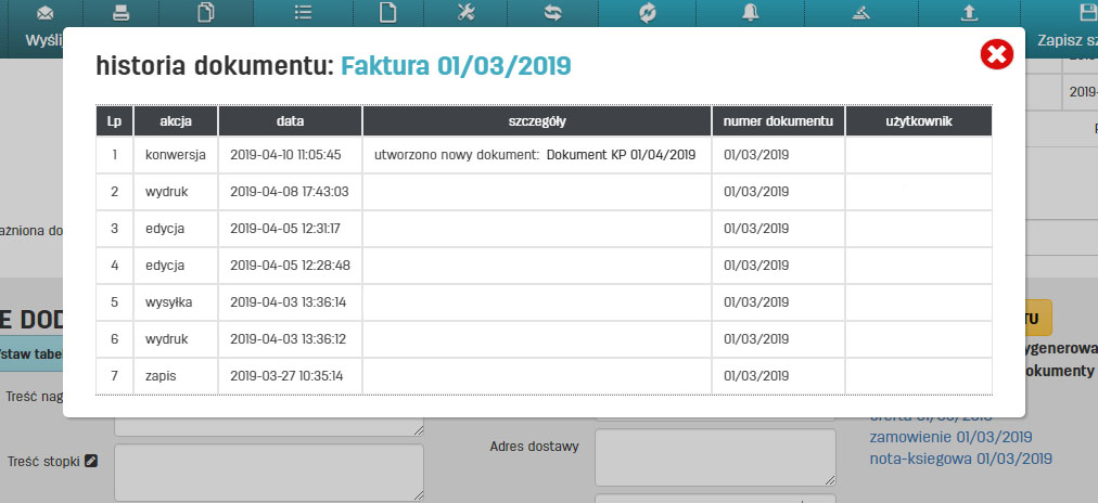 Lista edycji dokumentu w oprogramowaniu faktury.pl Lista wpłat do faktury na faktury.pl