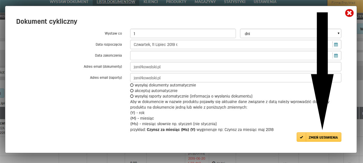 Ustawienia dokumentów cyklicznych na faktury.pl