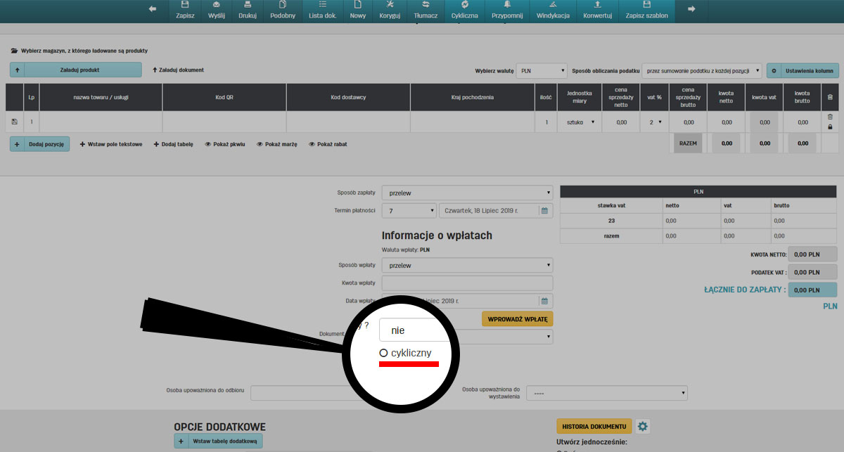Oznaczenie faktury jako cyklicznej na stronie wystawiania faktury na faktury.pl