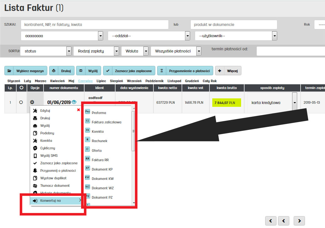Jak przekonwertować fakturę na rachunek w faktury.pl Opcje dostępne na liście faktur na faktury.pl