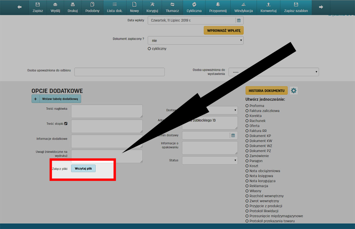 Dodawanie załącznika do faktury w opcjach dodatkowych na faktury.pl Opcja dodania załącznika do faktury w faktury.pl