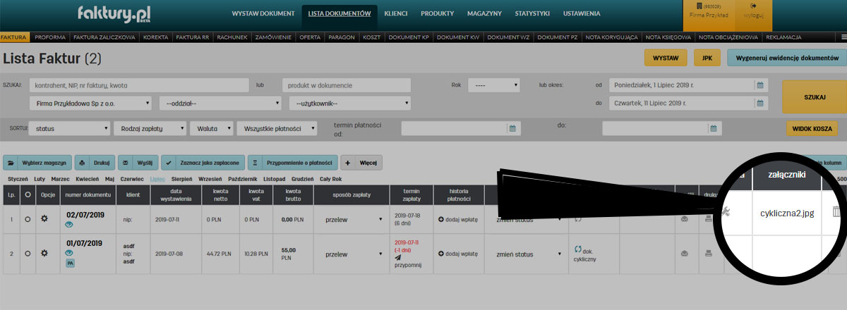 Podgląd załączników do faktury na liście faktury w serwisie faktury.pl Załączniki do faktury widoczne na liście faktur programu faktury.pl