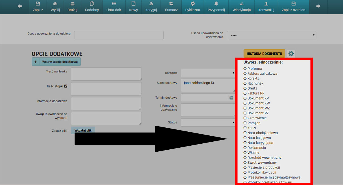 Opcje dodatkowe i tworzenie równocześnie dokumentów powiązanych