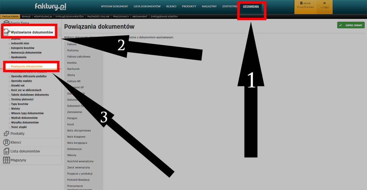Ustawienia - powiązania dokumentów w serwisie faktury.pl