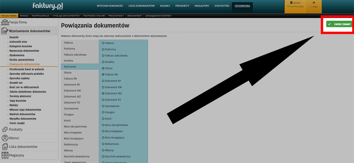 Zapisywanie ustawień powiązań dokumentów w serwisie faktury.pl