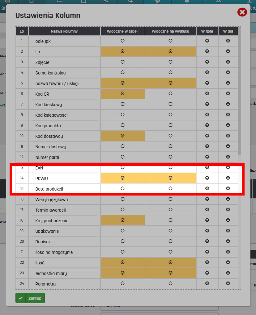 Jak ustawić widok kolumn w tabeli z produktami do faktury na faktury.pl Ustawienia kolumn tabeli z produktami do faktury na faktury.pl