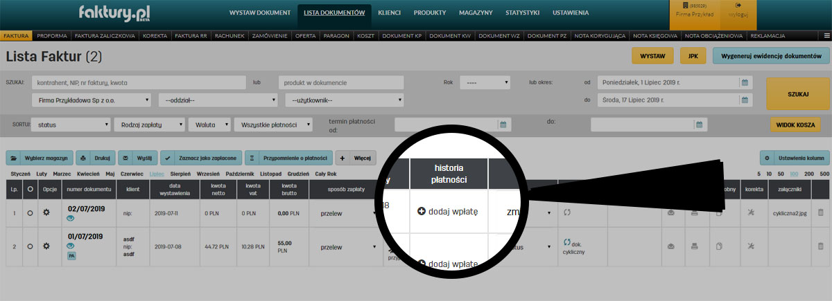 Historia płatności dokumentu na liście dokument&oacute;w na faktury.pl
