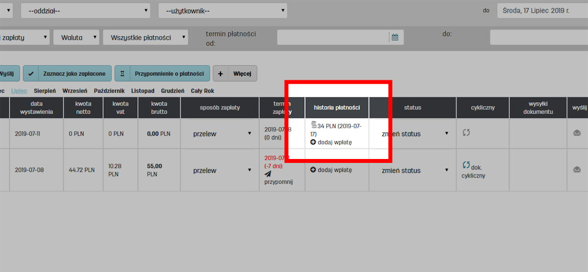 Historia płatności na liście faktur na faktury.pl