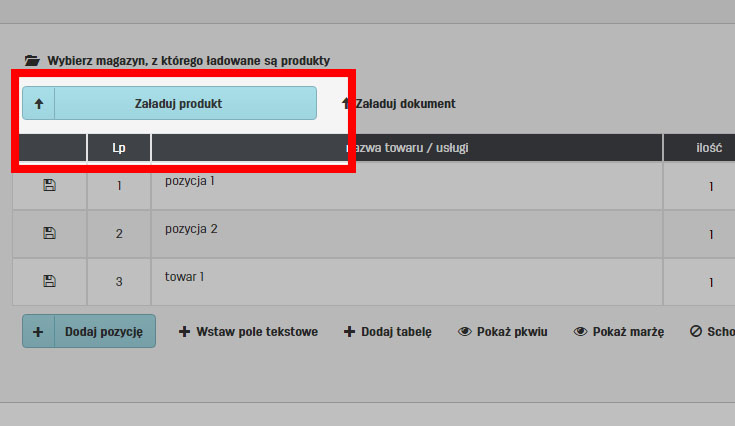Ładowanie produktów z bazy do tabeli przy wystawianiu faktury