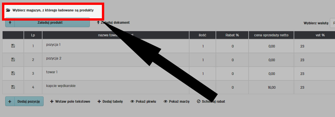 Ładowanie produktów do faktury z wybranego magazynu na faktury.pl