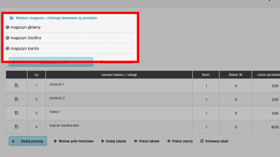 Jak wybrać magazyn, z którego ładowane będą produkty do faktury w programie faktury.pl