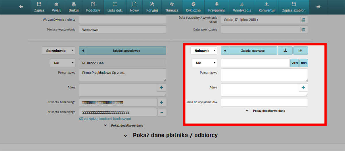 Dane nabywcy faktury w najlepszym oprogramowaniu do faktur online faktury.pl
