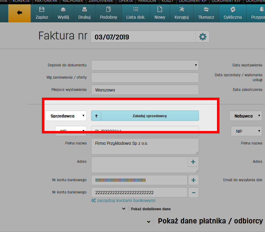 Jak załadować dane sprzedawcy w oprogramowaniu do faktur online faktury.pl Ładowanie danych sprzedawcy z bazy sprzedawców na faktury.pl