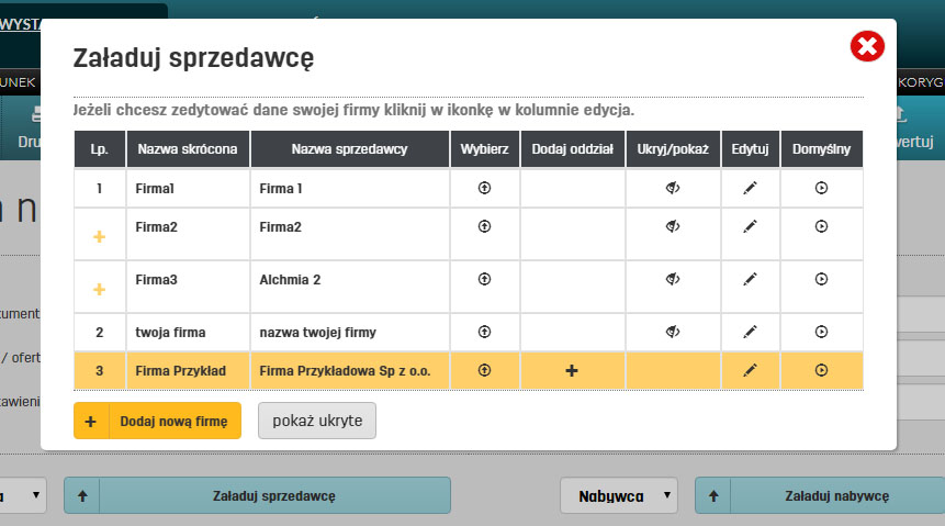 Tabela z listą sprzedawców zapisanych w bazie faktury.pl Lista sprzedawców w programie faktury.pl