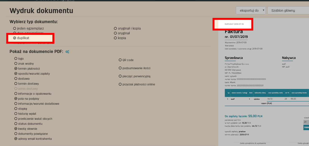 Wygląd duplikatu faktury wystawionej na faktury.pl