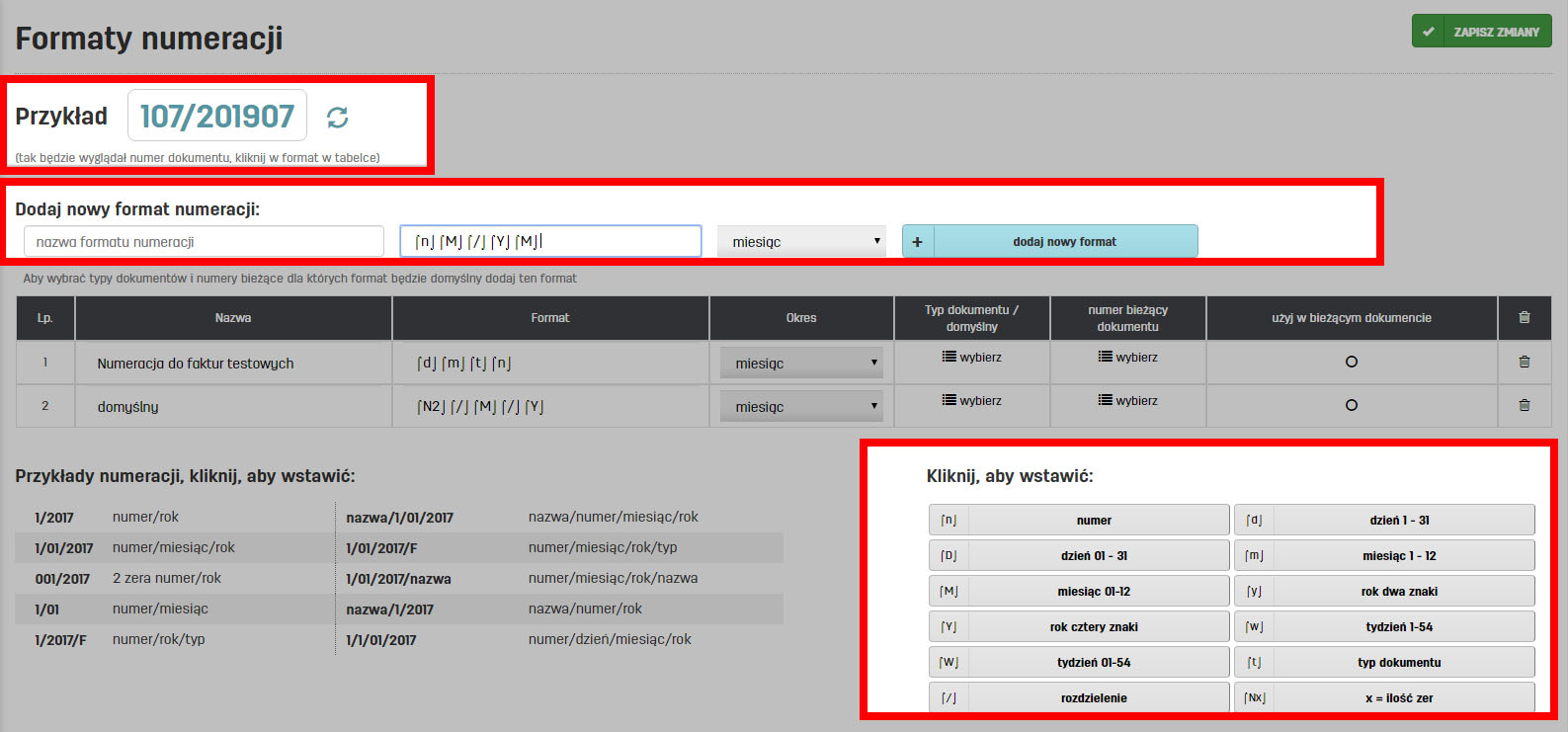 Ustawienia formatów numeracji na faktury.pl