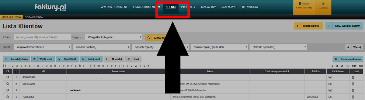 Zakładka klienci w oprogramowaniu do faktur online faktury.pl Lista klientów w programie faktury.pl
