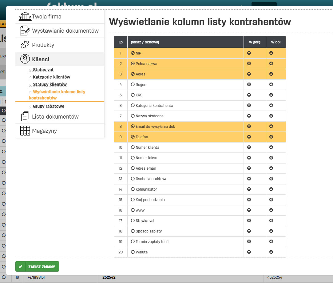 Ustawienia kolumn na liście kontrahentów w programie faktury.pl