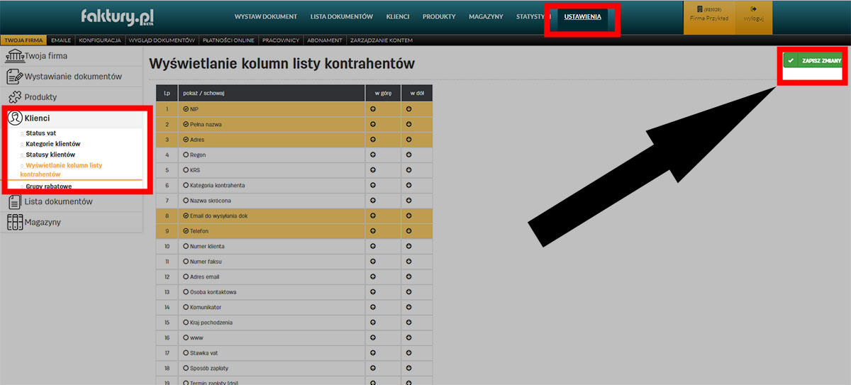 Wyświetlanie kolumn na liście klientów w faktury.pl
