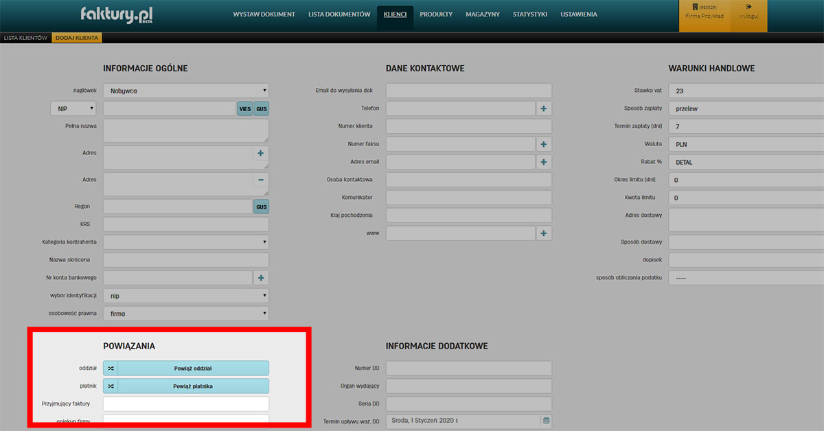 Powiązanie klienta z oodziałęm w oprogramowaniu do fakturowania online faktury.pl