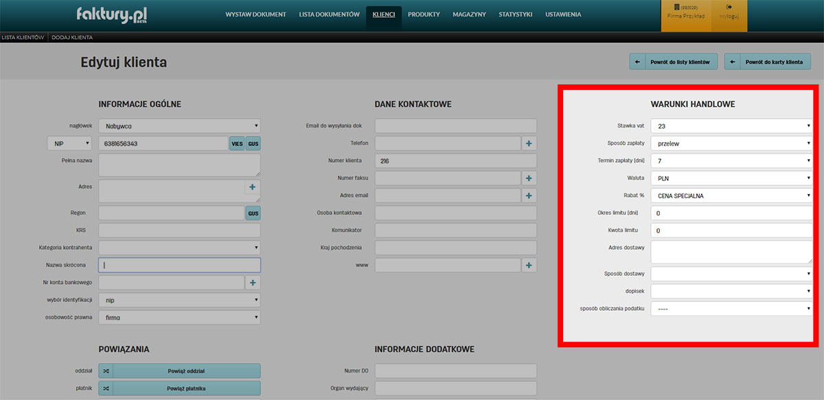 Ustawienie warunków klienta na stronie edycji danych w programie faktury.pl Jak ustawić warunki handlowe w danych klienta na faktury.pl
