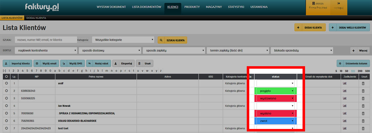 Zmiana statusu klienta na liście kontrahent&oacute;w w programie faktury.pl