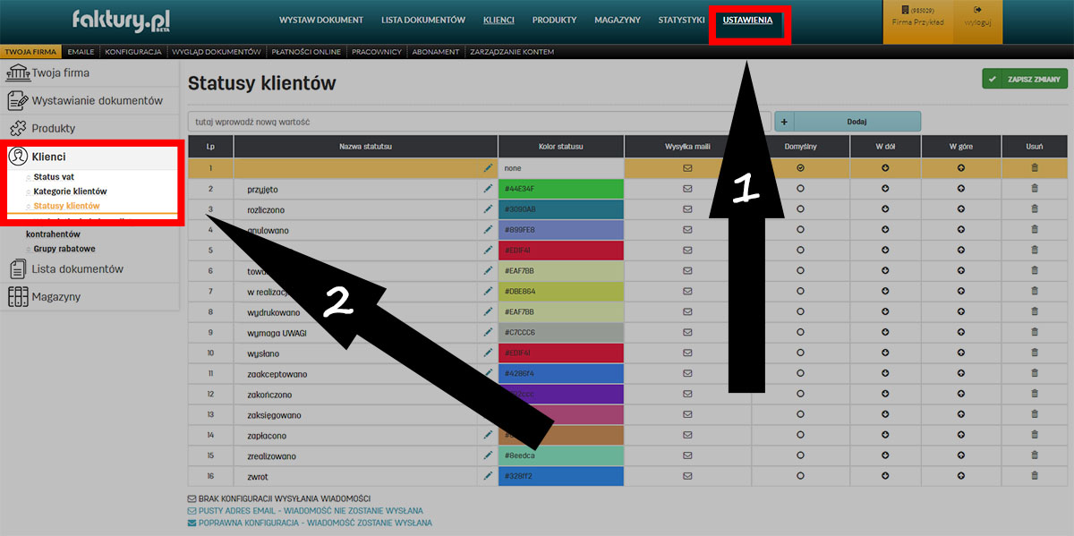 Ustawienia statusów klientów w programie faktury.pl
