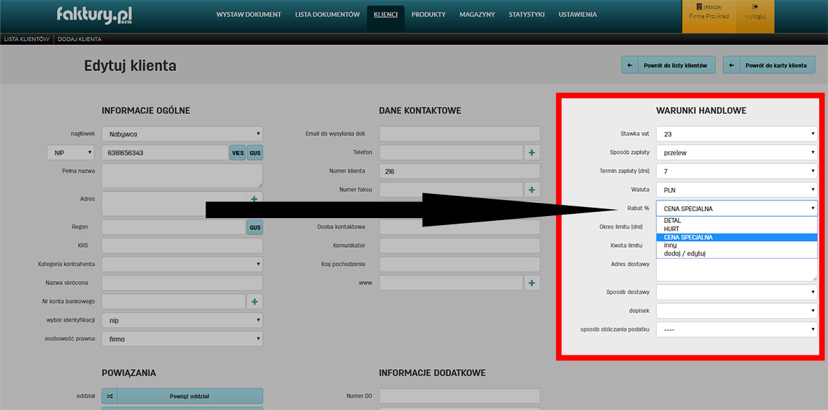 Przypisanie grupy rabatowej do klienta w serwisie faktury.pl