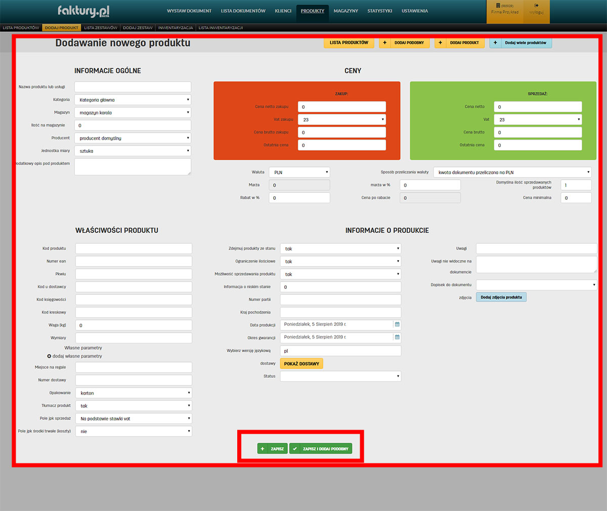 Jak zapisać dane produktu w programie faktury.pl Edytowanie danych produktu w programie do faktur online faktury.pl