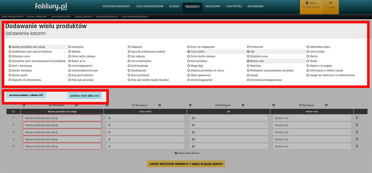 Ustawienia kolumn w dodawaniu wielu produkt&oacute;w w programie faktury.pl