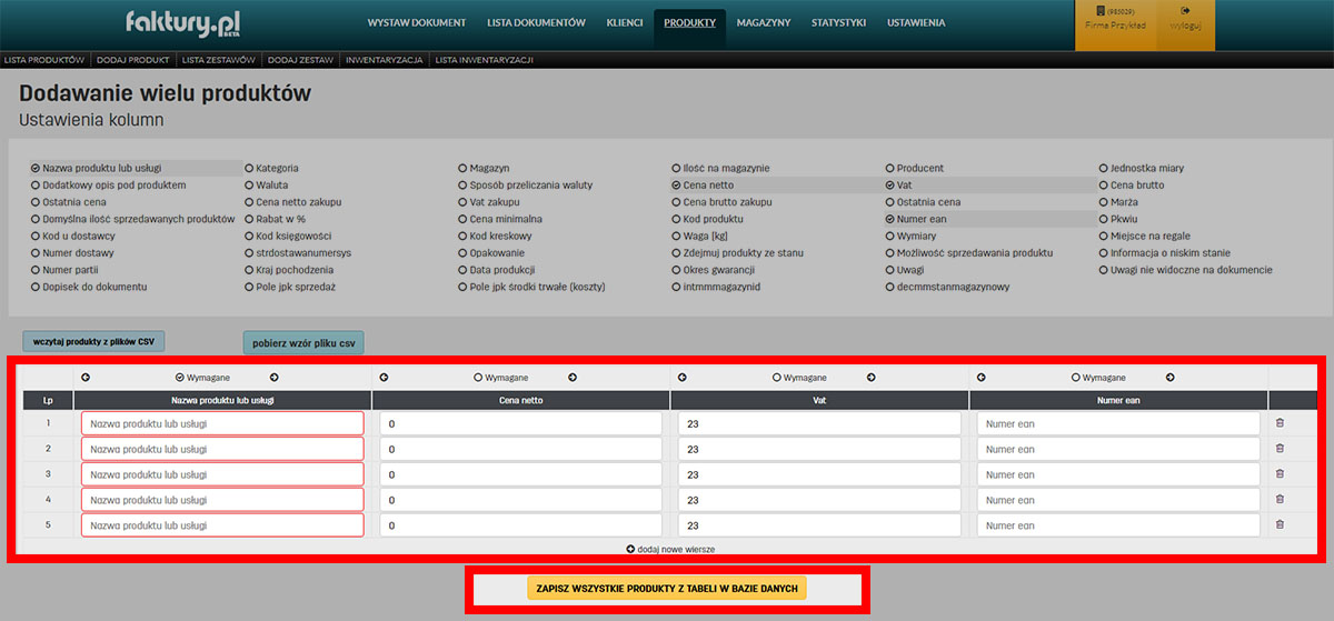 Zapis wielu produktów jednocześnie na faktury.pl