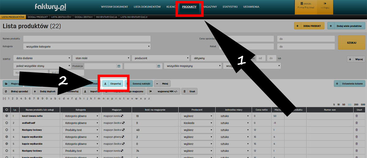 Eksport produktów w serwisie faktury.pl