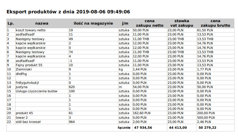 Przykładowy plik z eksportem produkt&oacute;w wygenerowany w programie faktury.pl