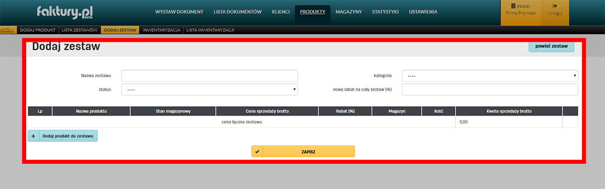 Dodawanie nowego zestawu produkt&oacute;w w serwisie do fakturowania fakturypl