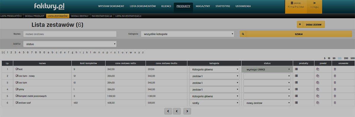 Lista zestawów na faktury.pl Lista zestawów produktów w programie faktury.pl
