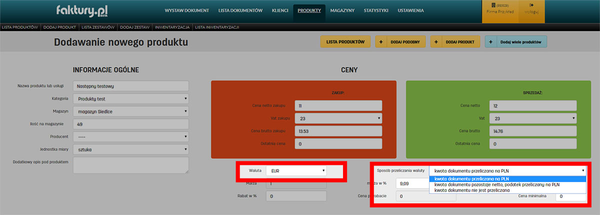 Ustawienia przeliczania waluty dla produktu w serwisie do fakturowania online faktury.pl